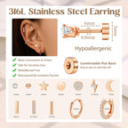 FASACCO 10Pairs Flat Back Earrings for Women Men - Hypoallergenic 14K Gold Plated Stainless Steel Flatback Stud Small Huggie Hoop Earrings 20G Tiny Gold Stud Earring Sets for Multiple PIercing Rose