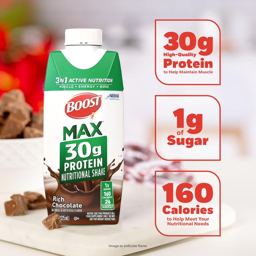 BOOST MAX Protein Shakes Ready to Drink - 30g High Protein Shake - Chocolate | Nutritional Drinks to Support Muscle Recovery After Exercise, 26 Vitamins & Minerals, 1g Sugar, 11 fl oz (Pack of 18)