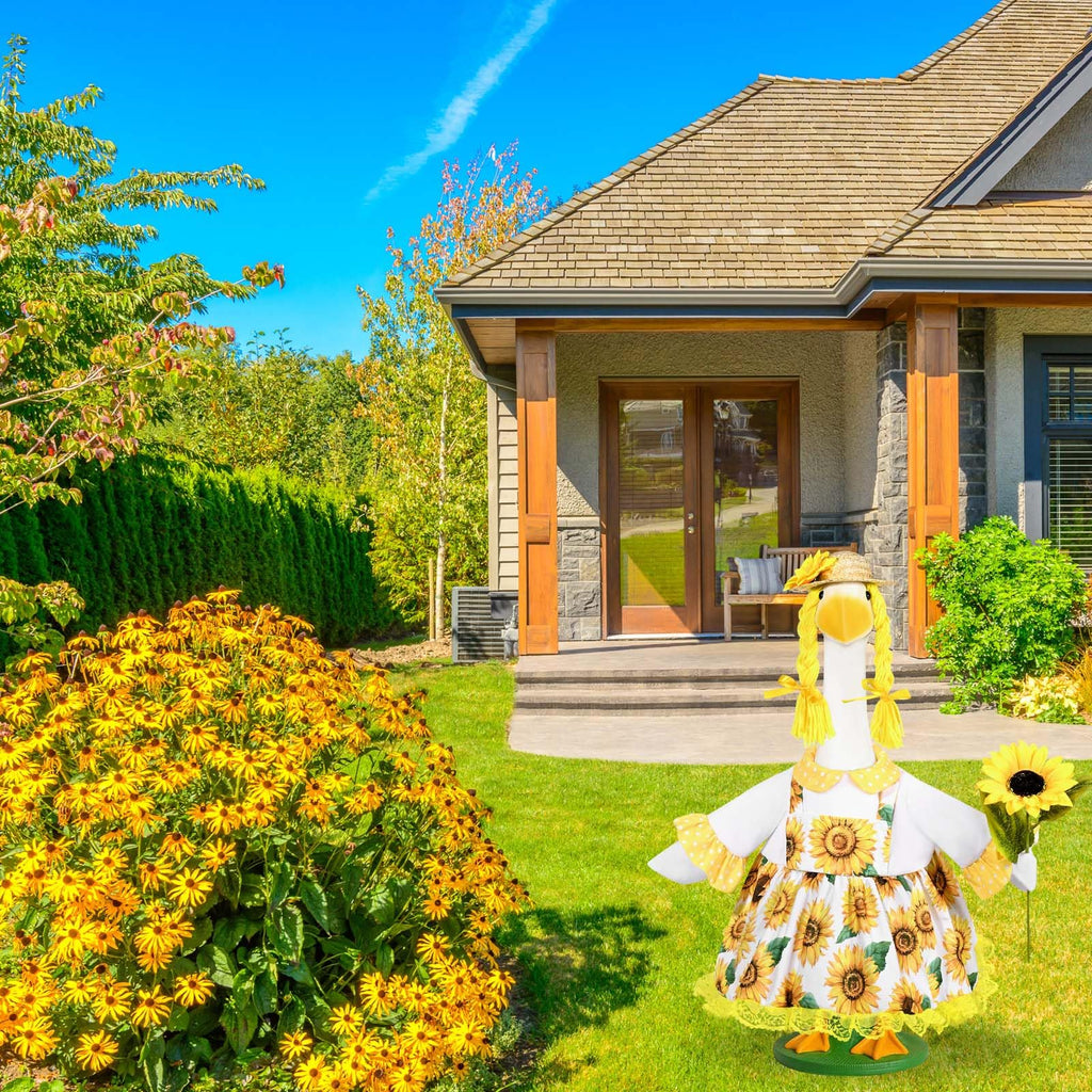 JcHrmers Sunflower Goose Outfit Sunflower Dress and Straw Hat Porch Goose Clothes Fits 23" Cement or Plastic Goose Statue for Spring Summer Outdoor Garden Lawn Yard Patio Decor