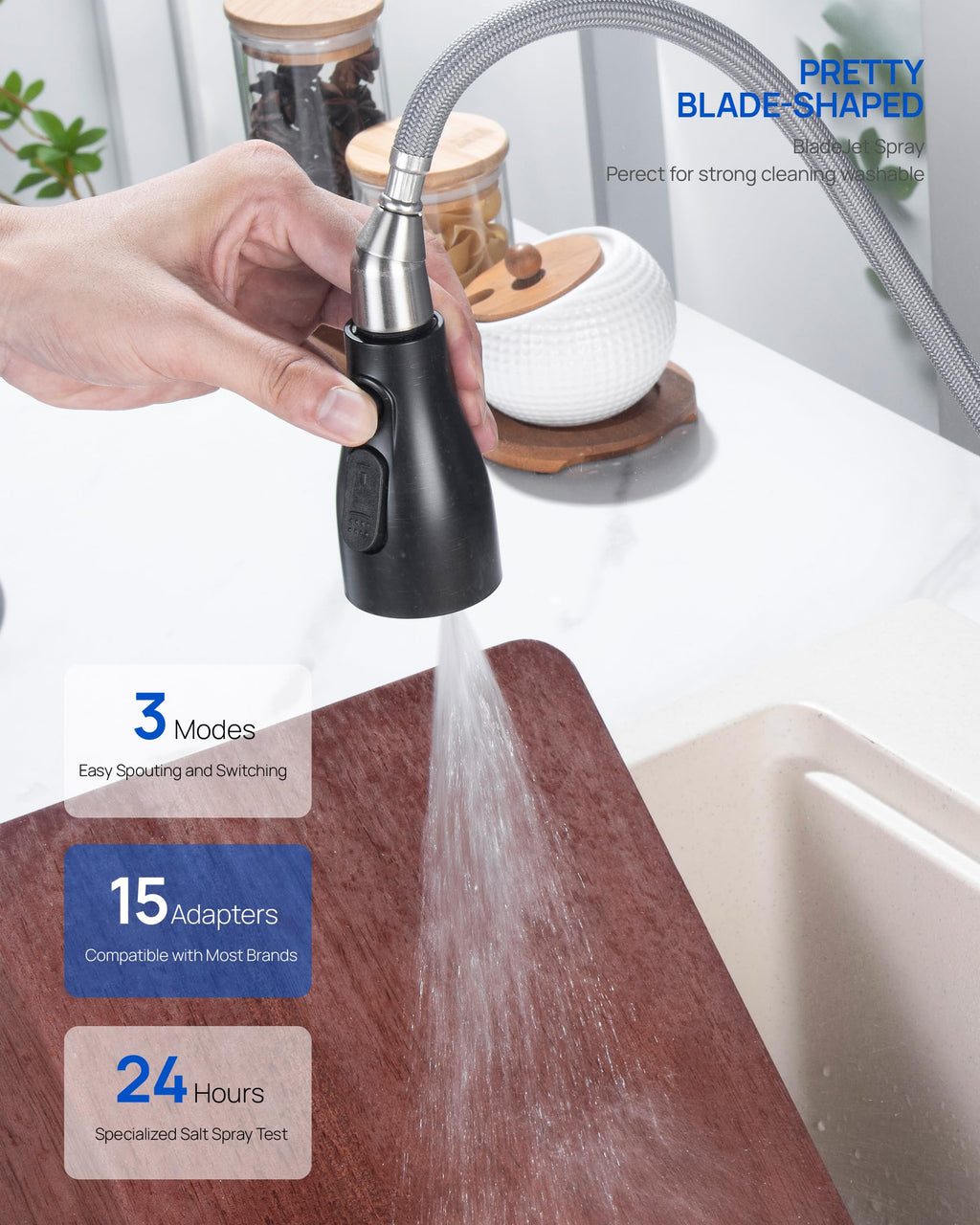 J-HVA Metal Kitchen Faucet Head Replacement – 3 Mode High-Pressure Sink Sprayer Replacement with 15 Nozzle Adapters, Durable Pull Down Spray Head for Kitchen Sink, Oil Rubbed Bronze, Stainless Steel