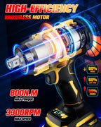 Urjoai Cordless Impact Wrench - 590Ft-lbs (800N.m) Brushless 1/2 inch, 3300RPM High Torque Impact Gun, 2x 4.0Ah Battery, Charger & 7 Sockets, Electric Impact Wrench for Car Home