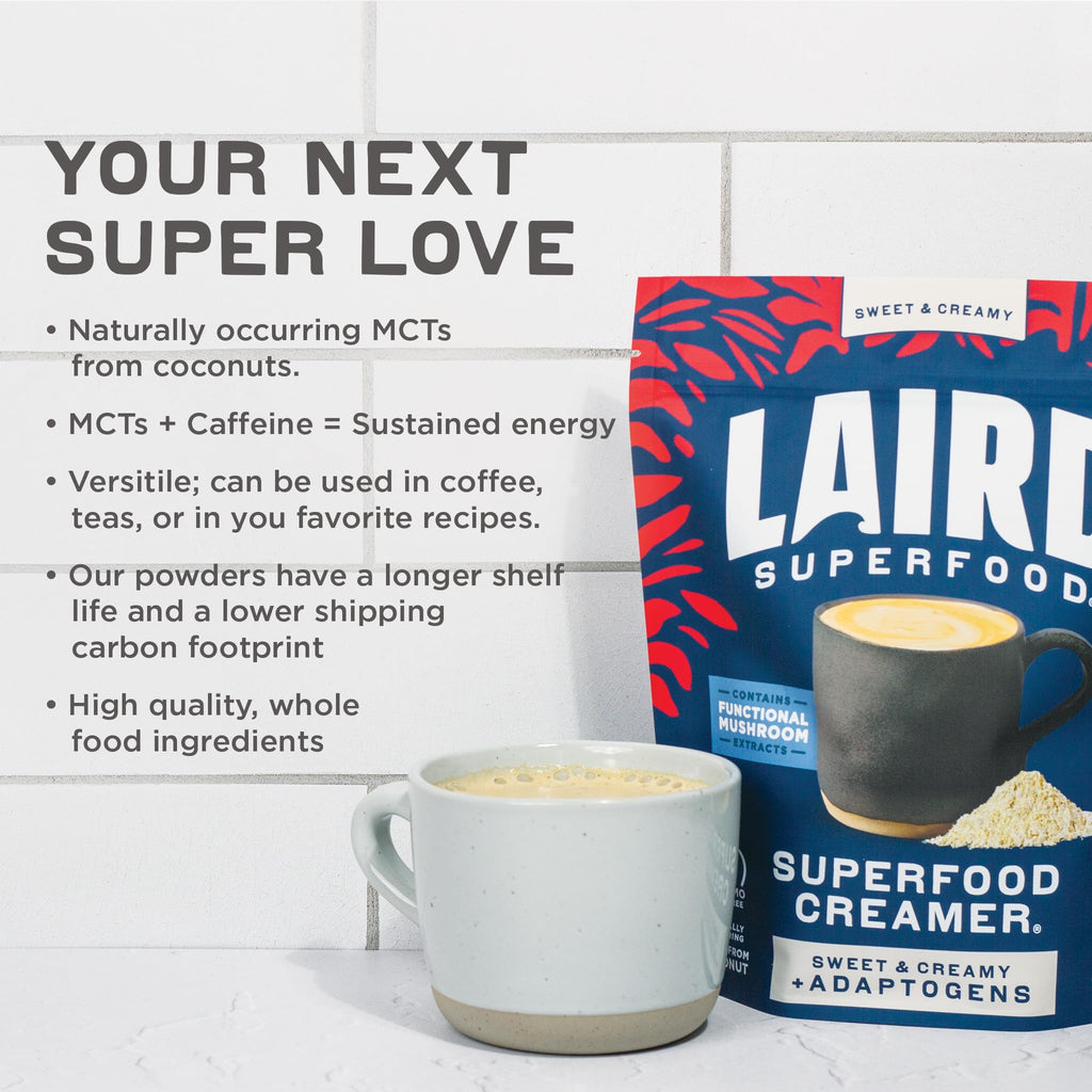 Laird Superfood Non-Dairy Coconut Powder Creamer - Sweet & Creamy + Adaptogens - Superfood Creamer with Functional Mushrooms - Non-GMO, Vegan, 16 oz. Bag, Pack of 1