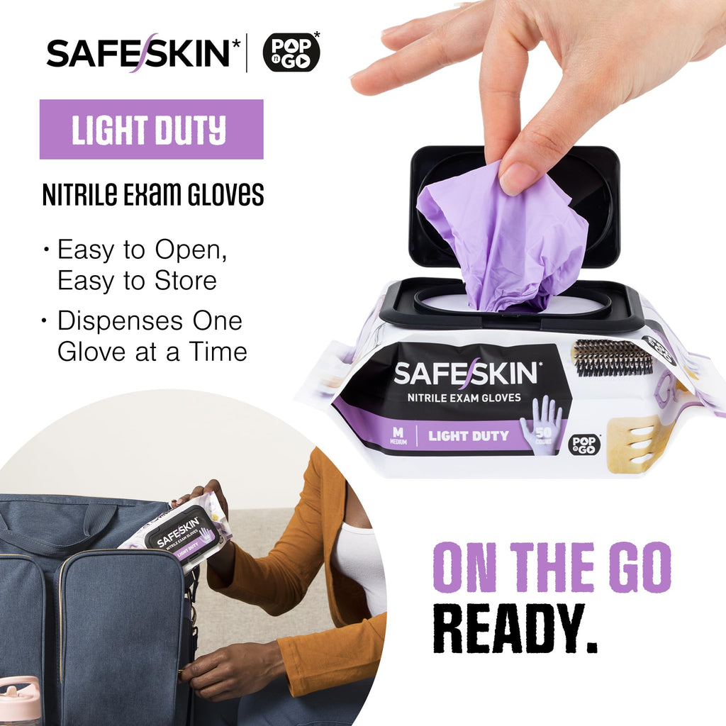 SAFESKIN Nitrile Disposable Gloves, 50-Count Pack, Light Duty, Large Size, Powder Free - For Food Handling, First Aid, Hair Coloring, Baby and Pet Care - Premium Medical Exam Gloves