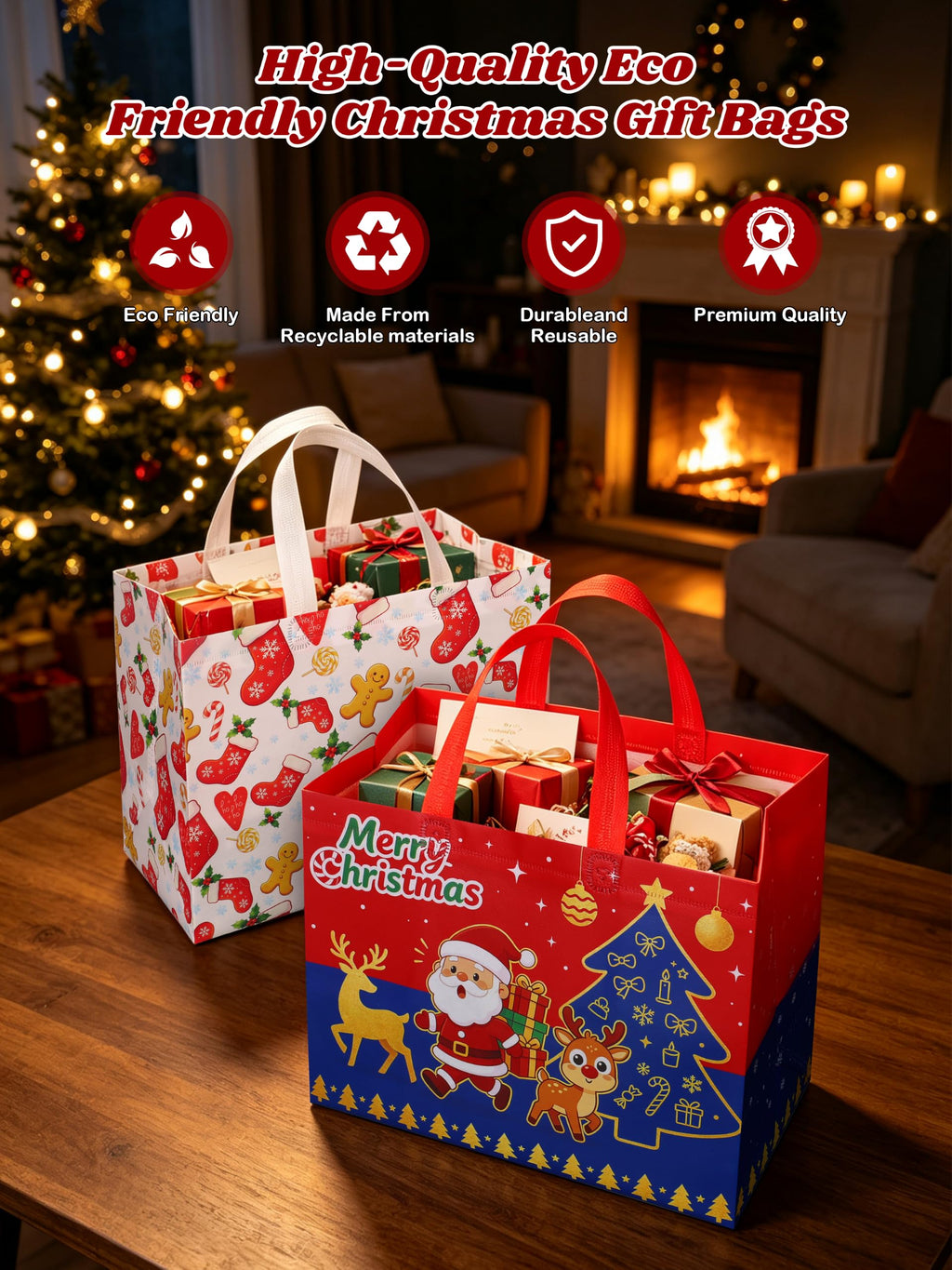 16 Pack Christmas Gift Bags 10.3×4.7×13IN Reusable Tote Bags 8 Designs