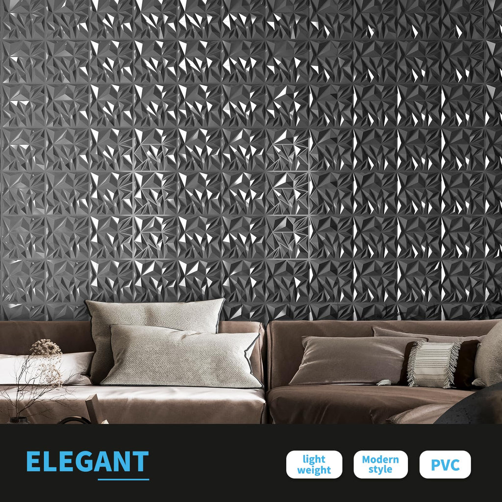 Art3d 33-Pack 3D Wall Panels - Diamond Textured Feature Paneling for Gaming, Living Room, TV Wall - 12 x 12 inch Silver