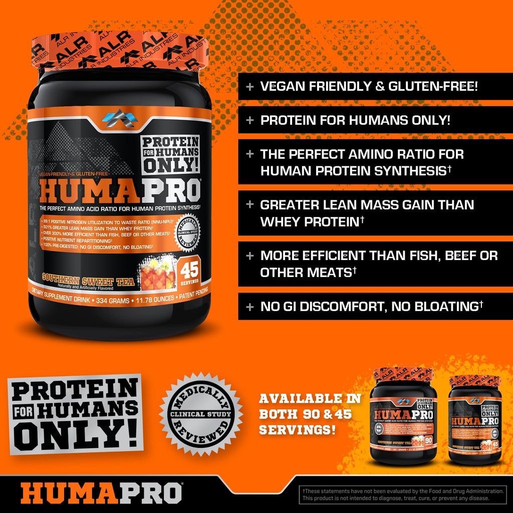 ALR Industries Humapro | Amino Acids Protein Matrix for Humans | 99% Utilization for Lean Muscle | Vegan, Gluten Free | 334g / 45 Servings (Southern Sweet Tea)