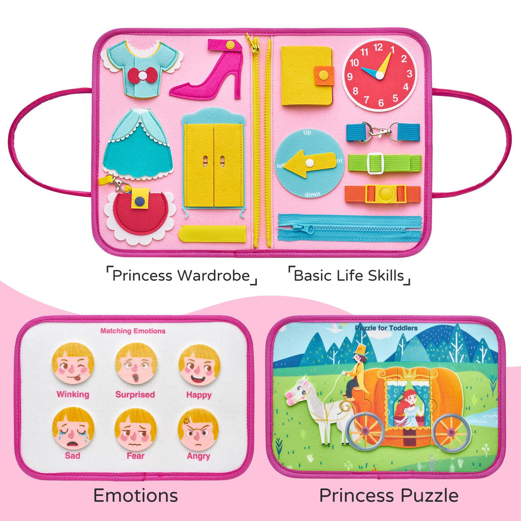 Freebear Deluxe Pink Princess Quiet Book Sensory Board for Toddlers 1-4, Montessori Educational Toys for Girls, Travel Toys with Activities