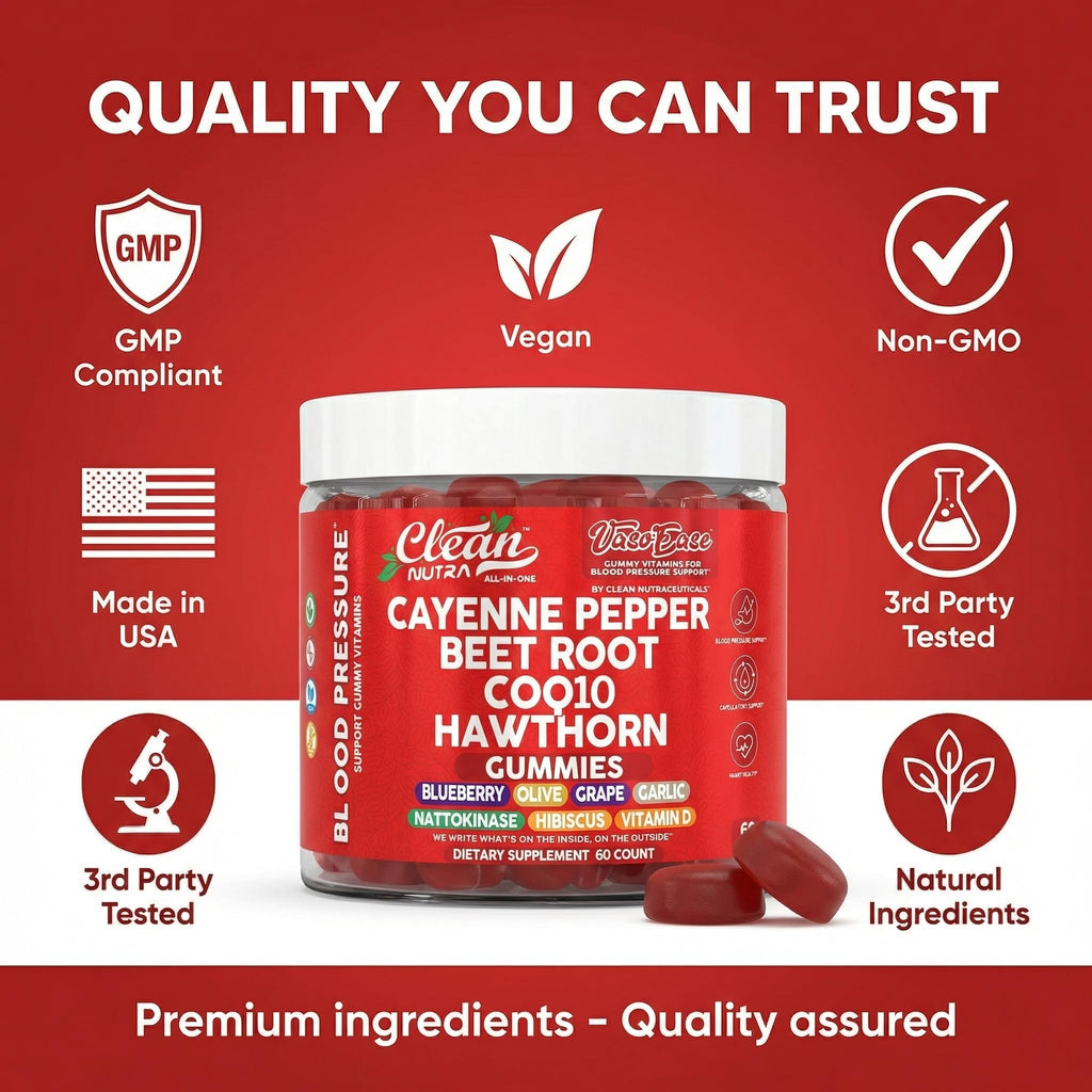 Clean Nutra Cayenne Pepper Beet Root Gummies Beetroot Garlic CoQ10 Hawthorn Berry Grape Seed Extract Olive Leaf Nattokinase Hibiscus Vitamin D Nitric Oxide - VasoEase