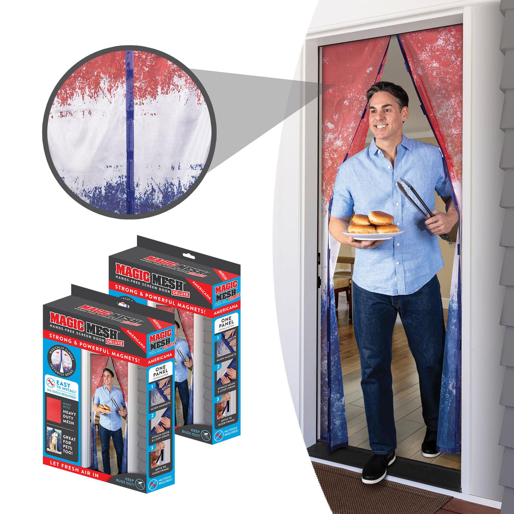 Magic Mesh Deluxe- Americana 2 Pack- Hands Free Magnetic Screen Door, Mesh Curtain Keeps Bugs Out, Frame Hook & Loop, Hands Free, Pet & Kid Friendly- Fits Doors up to 39 x 83 Inches, Red/White/Blue