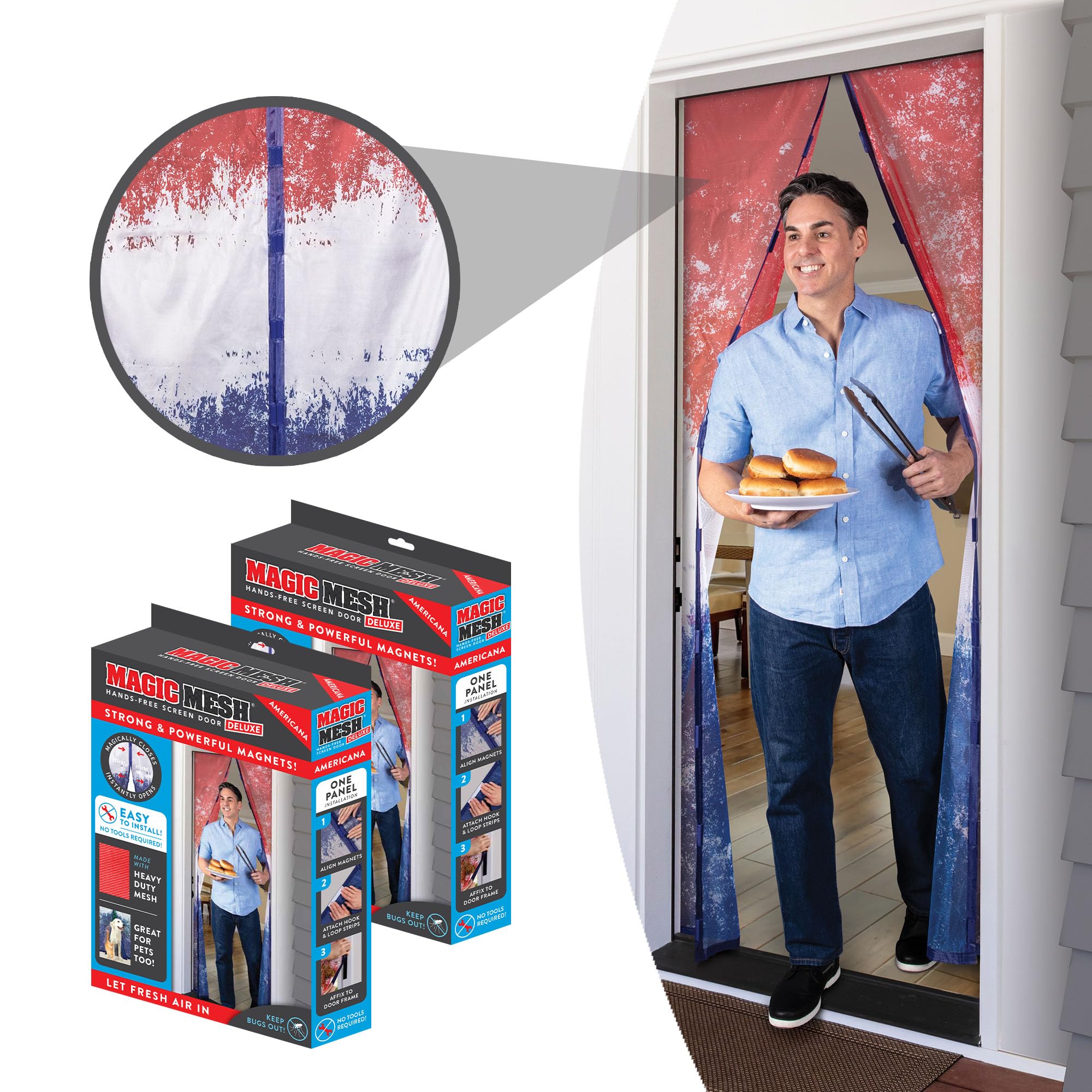 Magic Mesh Deluxe- Americana 2 Pack- Hands Free Magnetic Screen Door, Mesh Curtain Keeps Bugs Out, Frame Hook & Loop, Hands Free, Pet & Kid Friendly- Fits Doors up to 39 x 83 Inches, Red/White/Blue