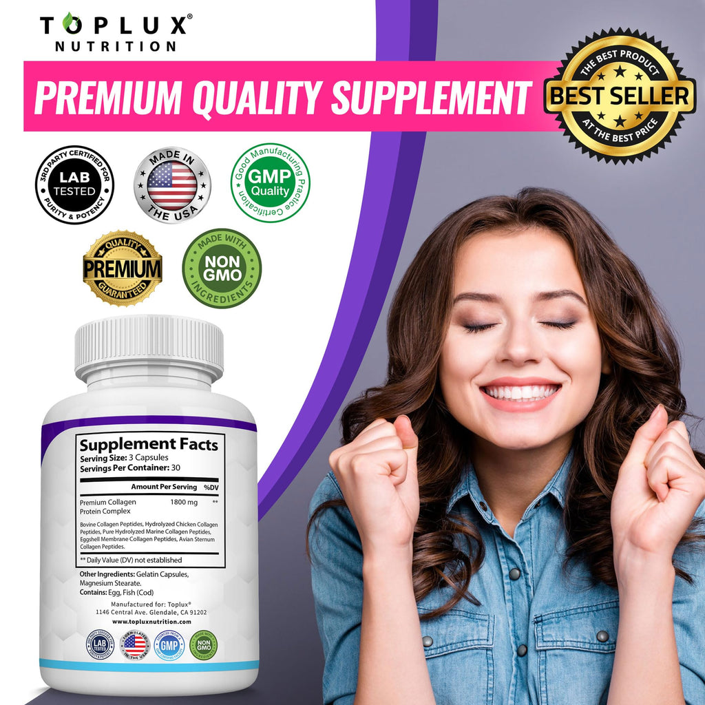 Toplux Multi Collagen Peptides Pills 1800 Mg Complex - Type I, II, III, V, X Premium Collagen Complex for Better Skin & Hair, Strong Joint, Hydrolyzed Protein, for Men Women, 90 Capsules, Supplement