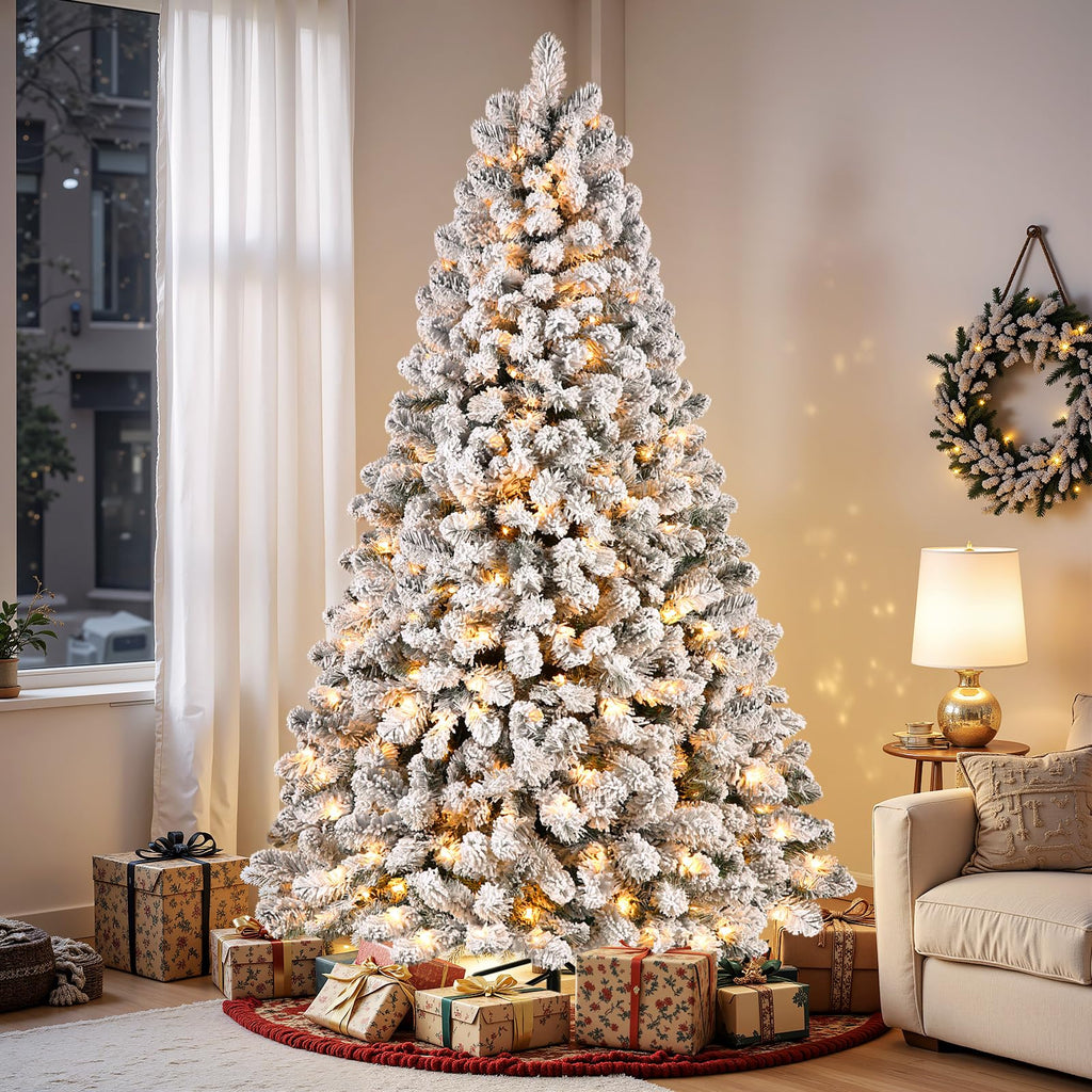 SHareconn 7ft Snow Flocked Spruce Pre-lit Artificial Christmas Tree, White