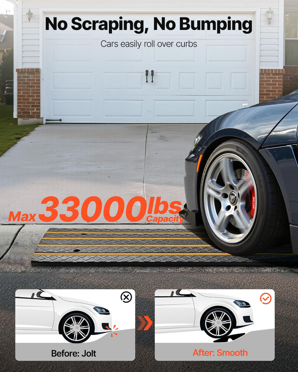 VEVOR Car Driveway Rubber Curb Ramp, 1 Pack 4FT Long Heavy Duty Low Profile Slope Ramps, 2.6’’ Rise, 33069 lbs Load Capacity, Reflective Safety Strips, for Vehicles, RVs, and Wheelchairs