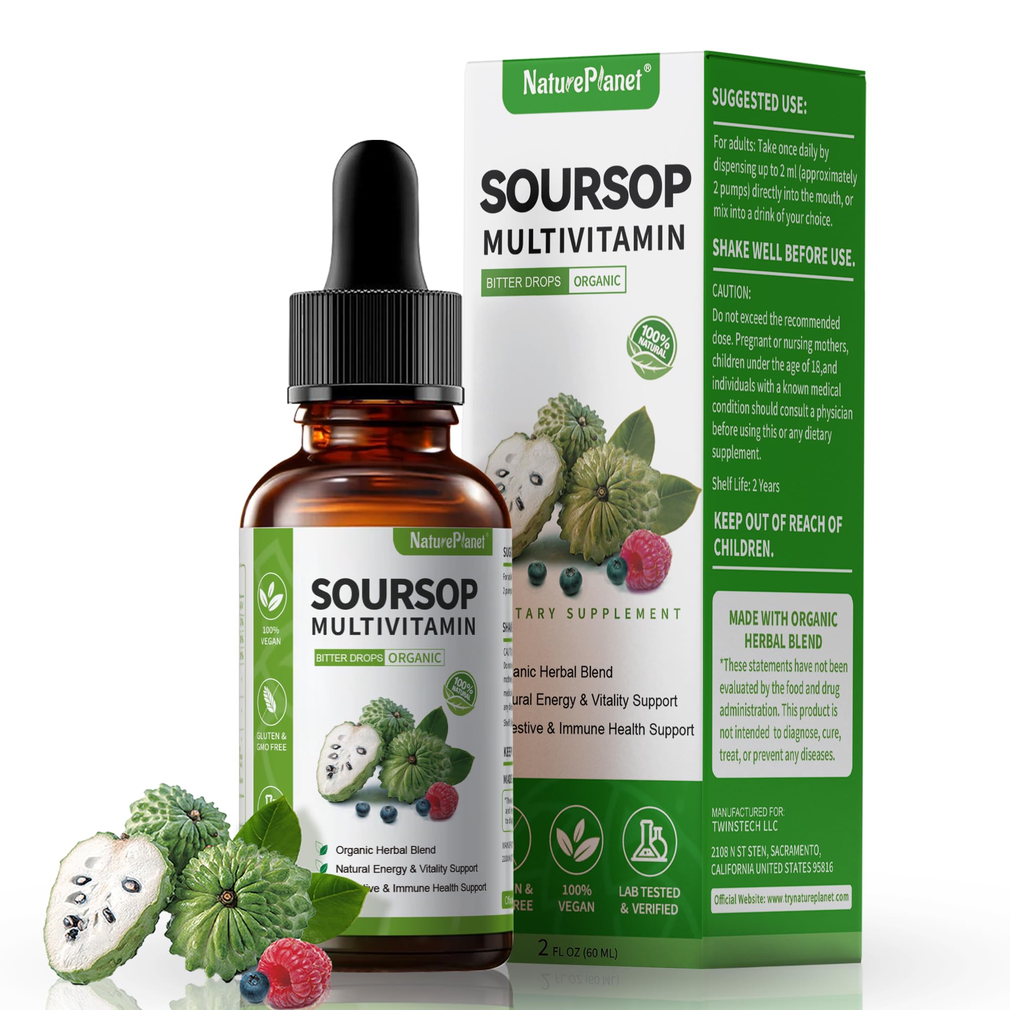 NaturePlanet Graviola Soursop Bitters Liquid Drops, 5000mg Soursop Fruit & Leaf Extract + 10 Bitters Botanicals for Immune Support Digestive Health Antioxidant Boost丨 Vegan 2 Fl Oz