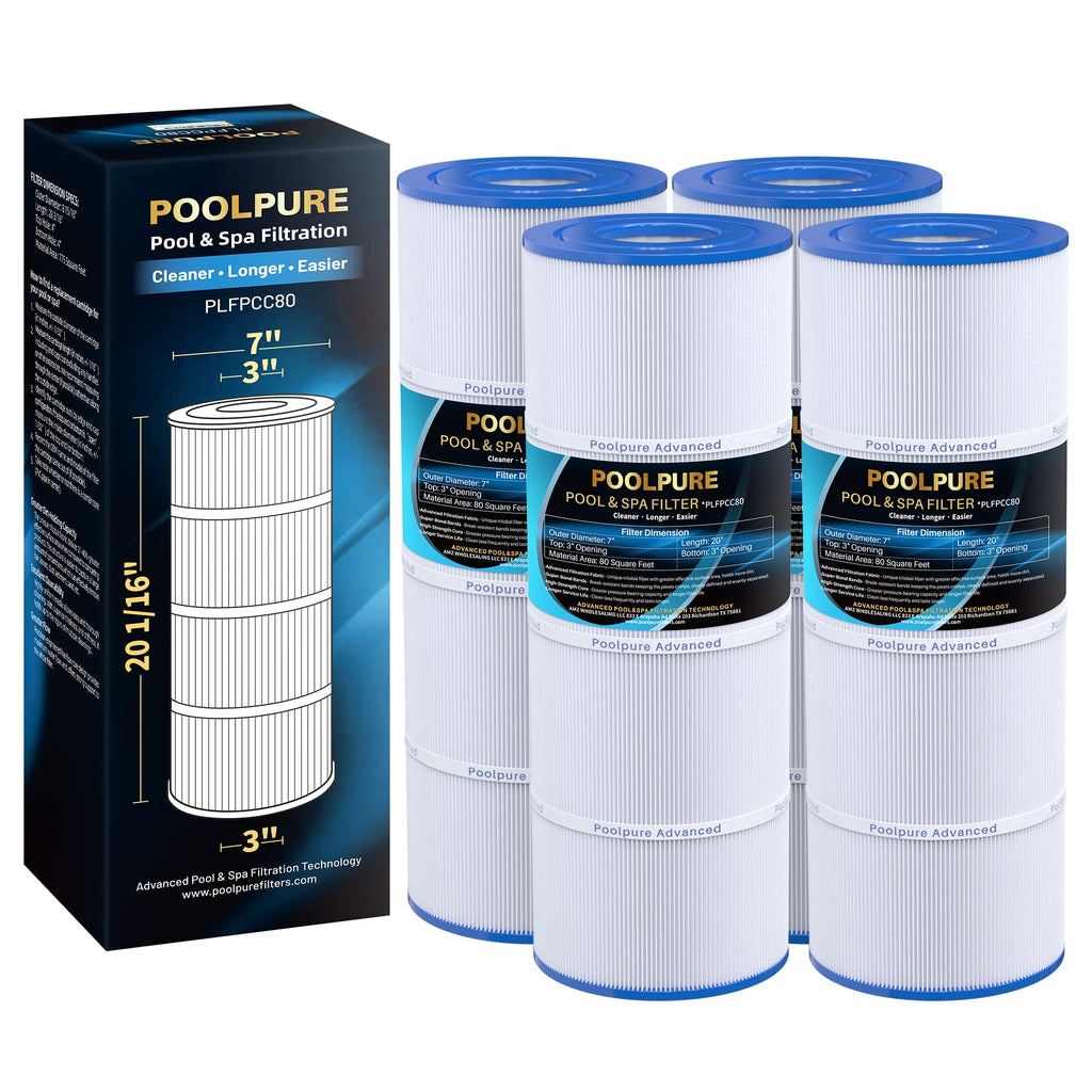 POOLPURE PLFPCC80 Pool Filter Replaces Pentair CCP320, Pleatco PCC80-PAK4, Ultral-A5, Unicel C-7470, R173573, Filbur FC-1976, 178580, 817-0081, Clean and Clear Plus 320, L x OD:20"x 7", 4X80 sq.ft.