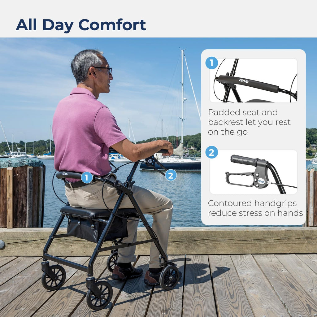 Drive Medical Aluminum Rollator Walker - Fold Up & Removable Back Support - Padded Seat - 6 Inch Wheels - Lightweight Portable Design - Indoor Outdoor Mobility Aid - Black