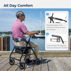 Drive Medical Aluminum Rollator Walker - Fold Up & Removable Back Support - Padded Seat - 6 Inch Wheels - Lightweight Portable Design - Indoor Outdoor Mobility Aid - Black