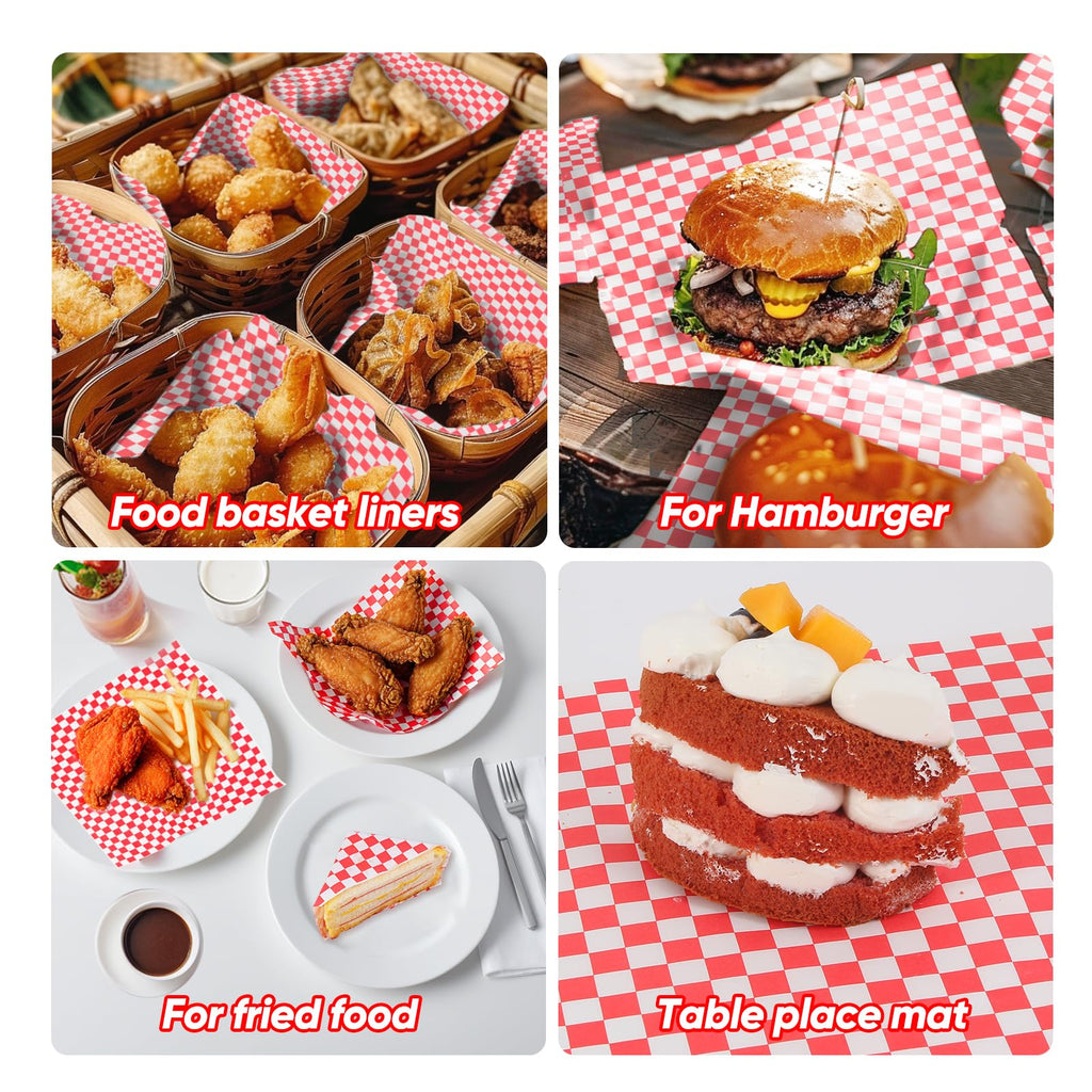100PCS Sandwich Wrapping Paper, Grease Resistant Wax Paper Sheets for Food, Extra Strong Food Basket Liners, Classic Red & White Checkered Deli Sheets 12x12" for BBQ, Picnic, Festival - Vacnkoy