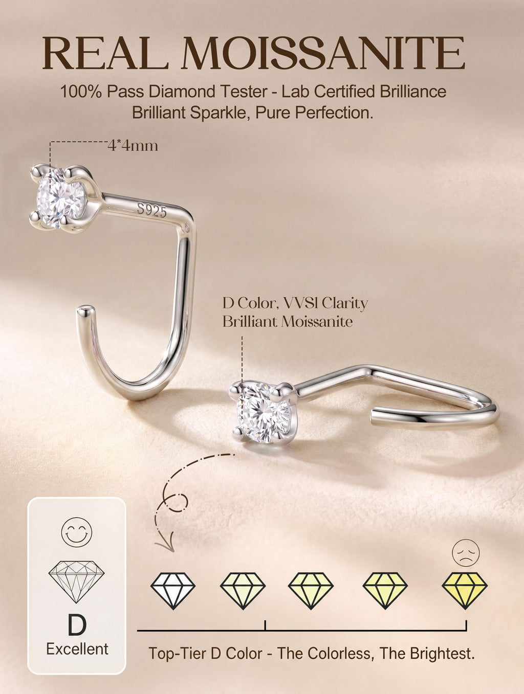 GEMQUEEN Moissanite Half Hoop Earrings, 925 Sterling Silver, 4mm