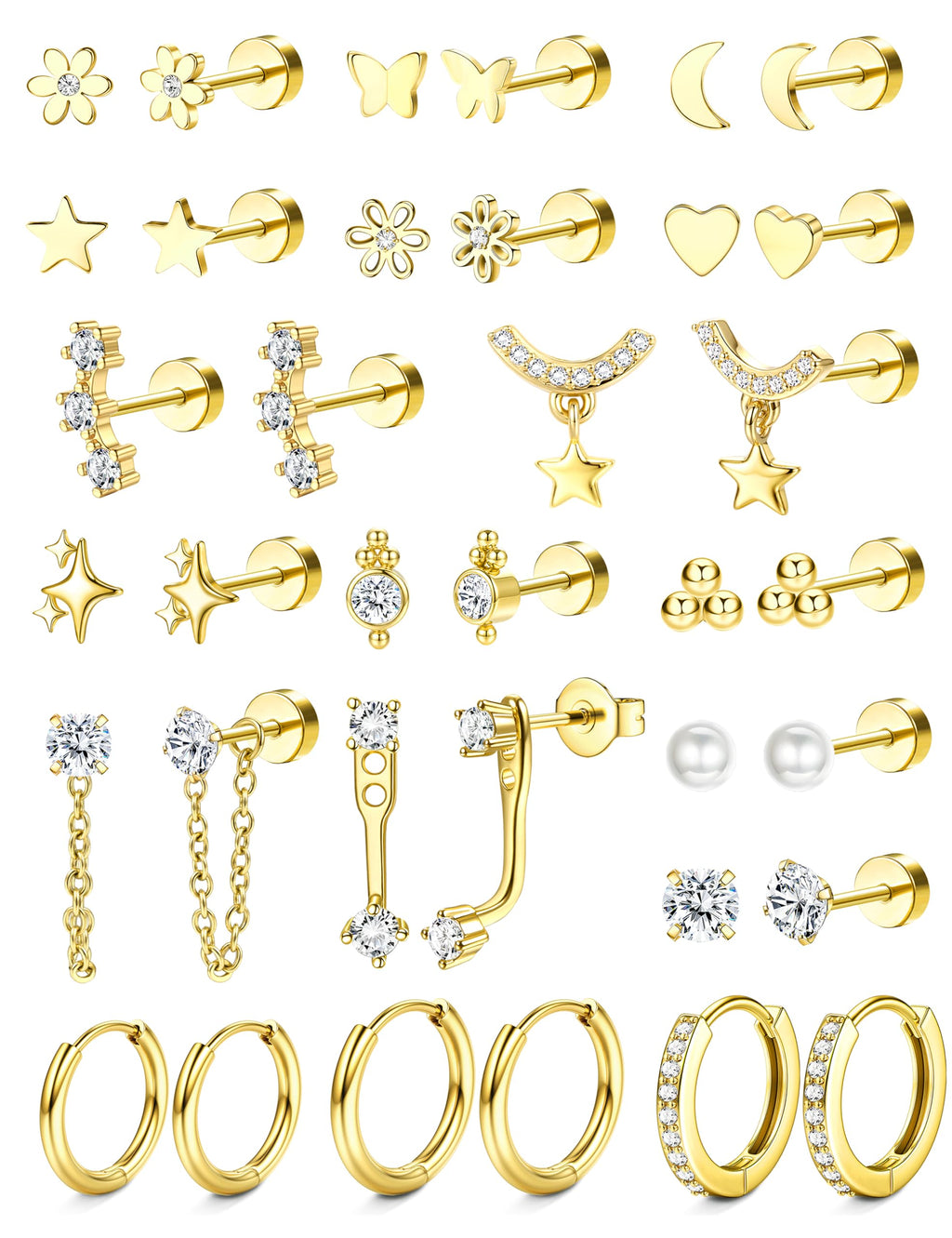 BESTEEL Hypoallergenic Flat Back Earrings Cartilage Earring Stacks 18 Pairs