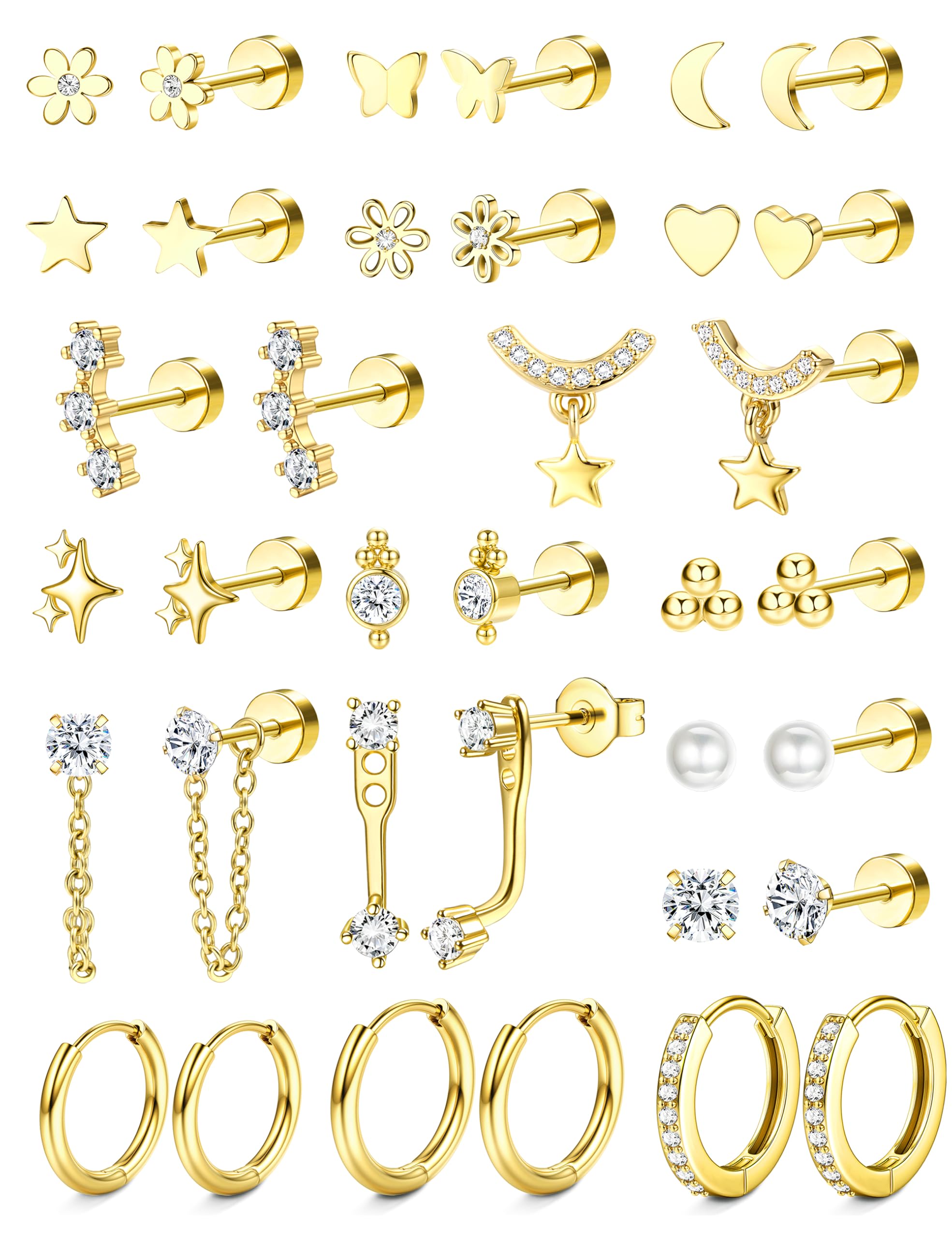 BESTEEL Hypoallergenic Flat Back Earrings Cartilage Earring Stacks 18 Pairs