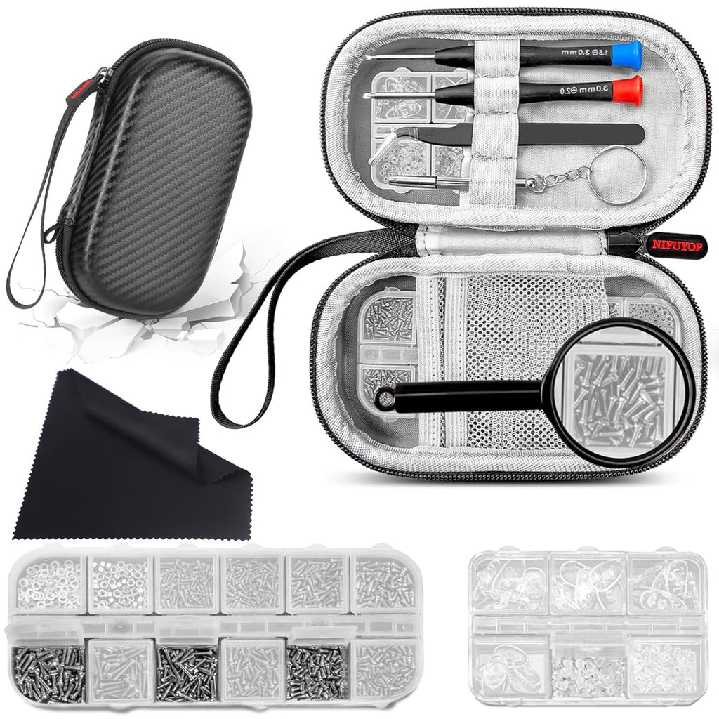 Eyeglass Repair Kit with Screws, Mini Glasses Repair Kit, Eye Glass Repairing Kit with Eyeglass Screws, Silicone Nose Pads, Tweezer, Screwdriver for Eyeglasses,Sunglasses, Magnify Glass and Case