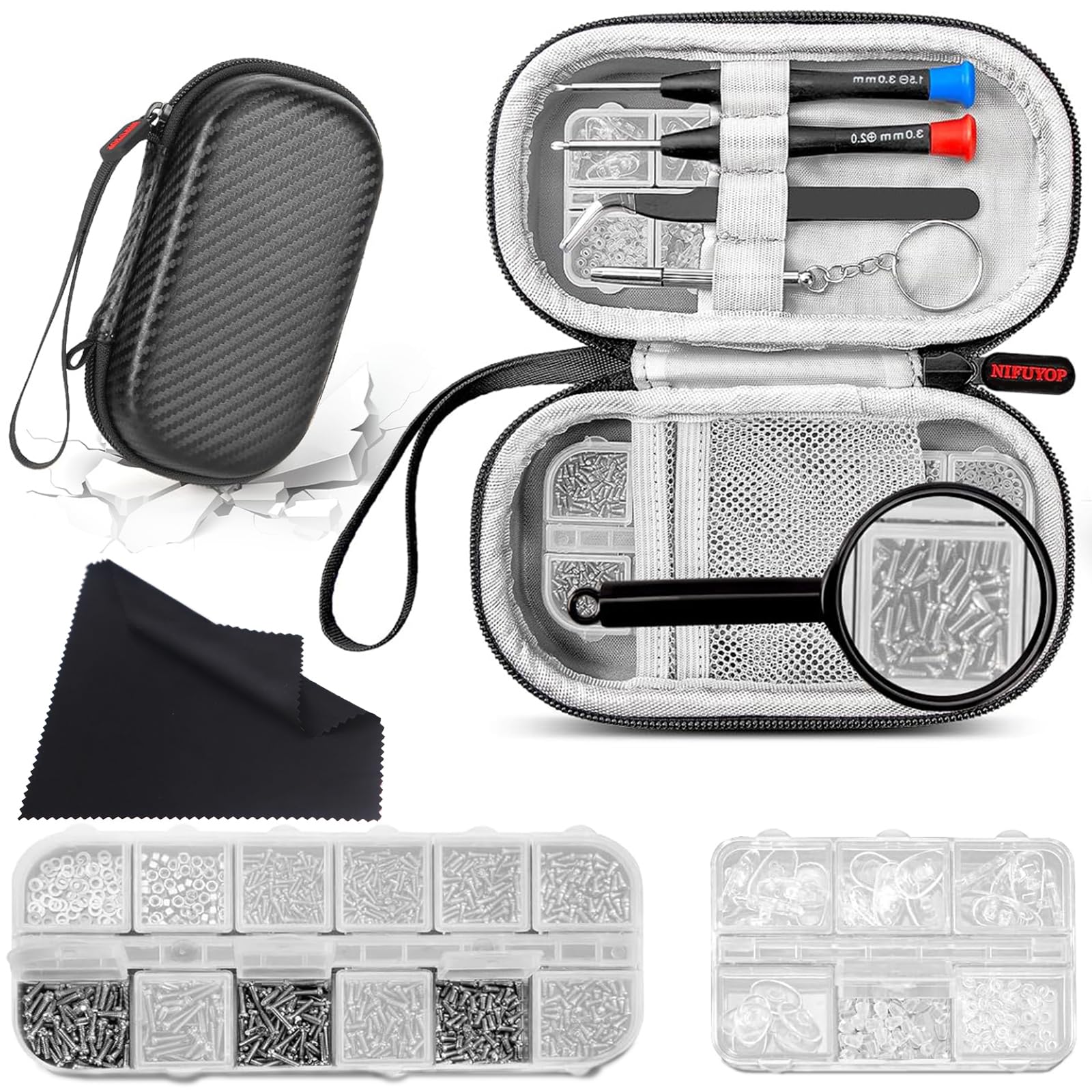 Eyeglass Repair Kit with Screws, Mini Glasses Repair Kit, Eye Glass Repairing Kit with Eyeglass Screws, Silicone Nose Pads, Tweezer, Screwdriver for Eyeglasses,Sunglasses, Magnify Glass and Case