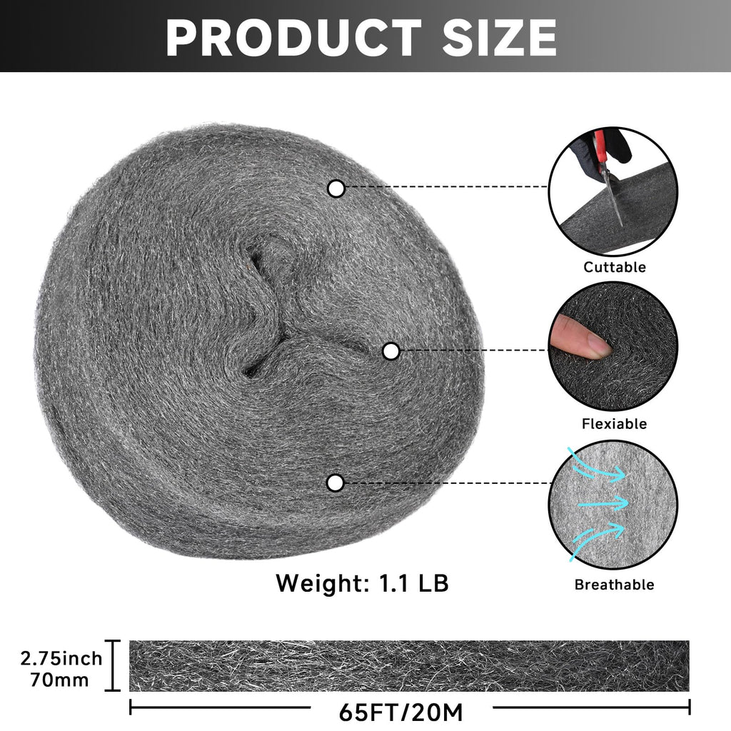 Steel Wool Mice Control, 65FT(1.1LB)#1 Steel Wool, Keep Mouse Away from Holes, Barrier and Gap Filler for Home, Wall, Garden, Kitchen, Pipeline in Garage, Coarse
