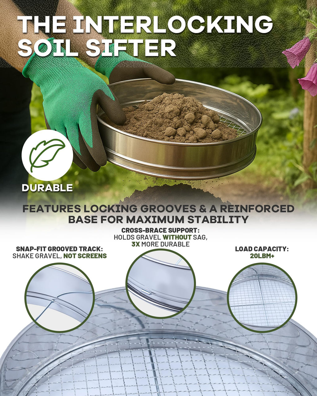 HIPULX 5-in-1 Soil Sifter Set with 5 Replaceable Stainless Steel Mesh Screen & Shovel (1/8" to 1/2"), Soil Sifter for Soils, Compost, Bonsai, Cat Litter and More（11-5/8" Diameter）