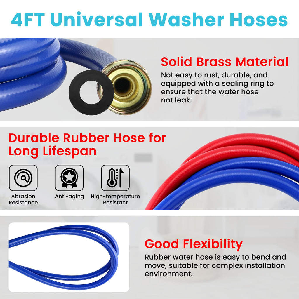 4FT Rubber Washing Machine Hoses for Washer Flexible Burst-proof Rubber Hot and Cold Water hoses 3/4 inch NPT Washer Water Hoses - 2 pack by Fetechmate