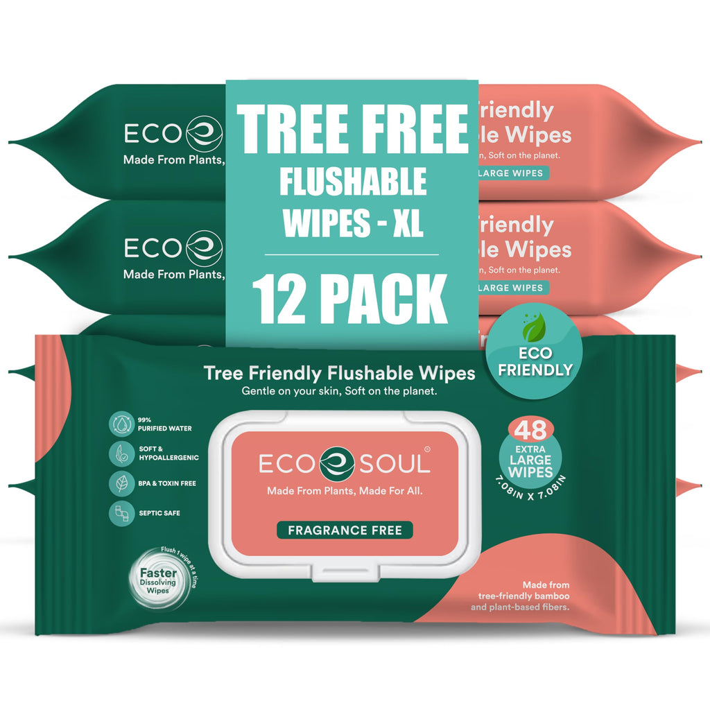 Eco Soul Bamboo Flushable Wipes Adult Wet Wipe [12 x Pack of 48, Unscented] 100% Plant-Based Biodegradable Septic & Sewer Safe Alcohol-Free & Hypoallergenic for Sensitive Skin |576 Soft Butt Wipes