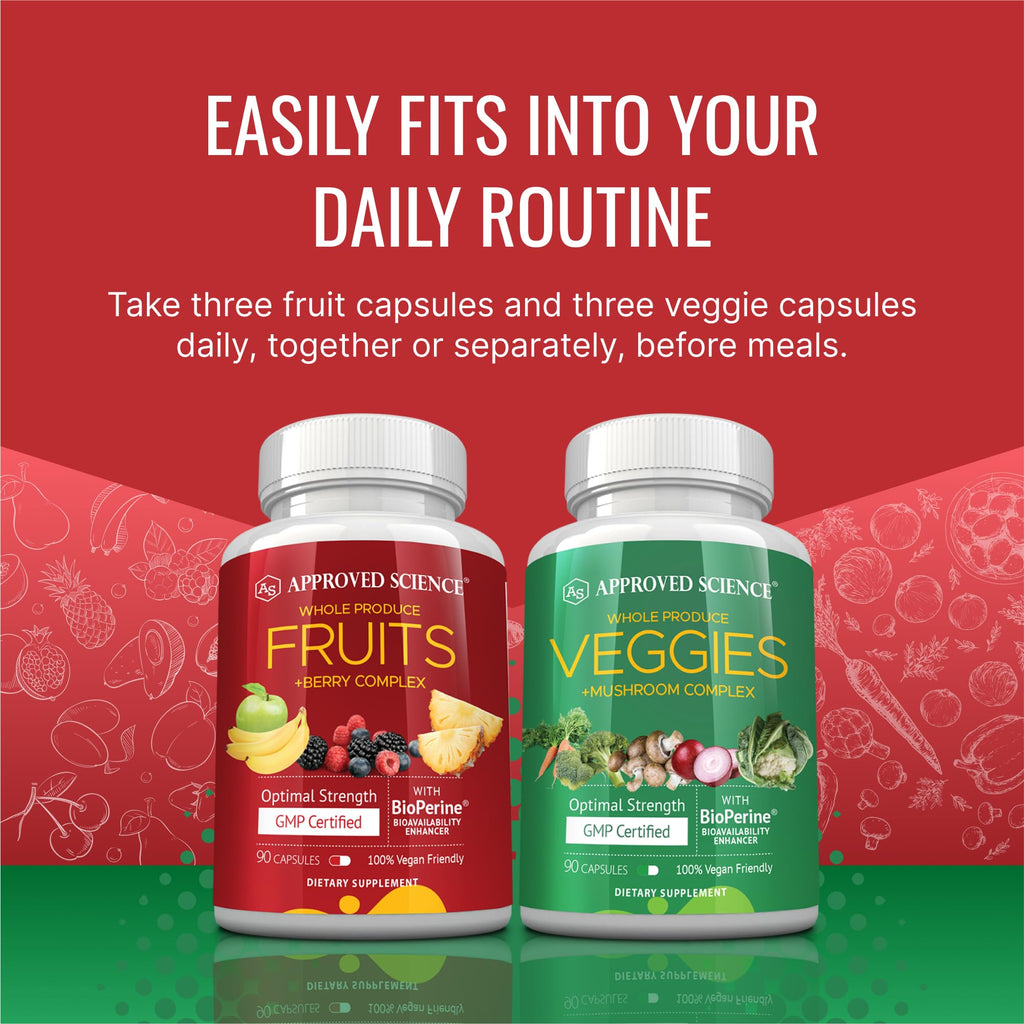 Approved Science Fruits & Veggies - 42 Whole Fruit and Veggie Supplement - Enhanced Health & Vitality - Daily Natural Vitamins, Minerals, Antioxidants - 180 Capsules Each - 2-Month Supply
