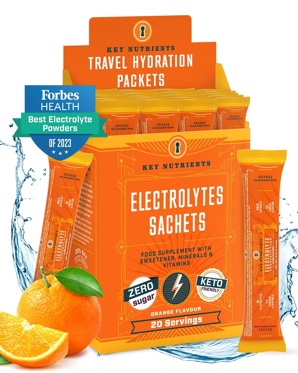 KEY NUTRIENTS Electrolytes Powder Packets - Tangy Orange 40 Pack Hydration Packets - Travel Hydration Powder - No Sugar, No Calories, Gluten Free - Made in USA