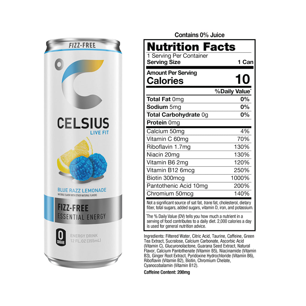 CELSIUS Fizz Free Blue Razz Lemonade, Sugar Free Energy Drink, 12 Fl Oz (Pack of 12)