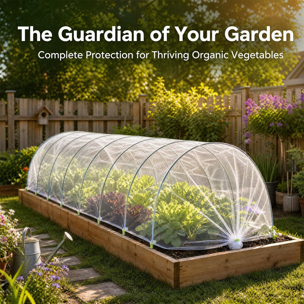 Garden Netting Kit, 10x30FT Ultra Fine Garden Mesh Netting with 6 Sets Garden Hoops, Insect Netting for Garden Protection Plant Covers, Garden Netting for Raised Beds Plant Fruit Flowers Protection