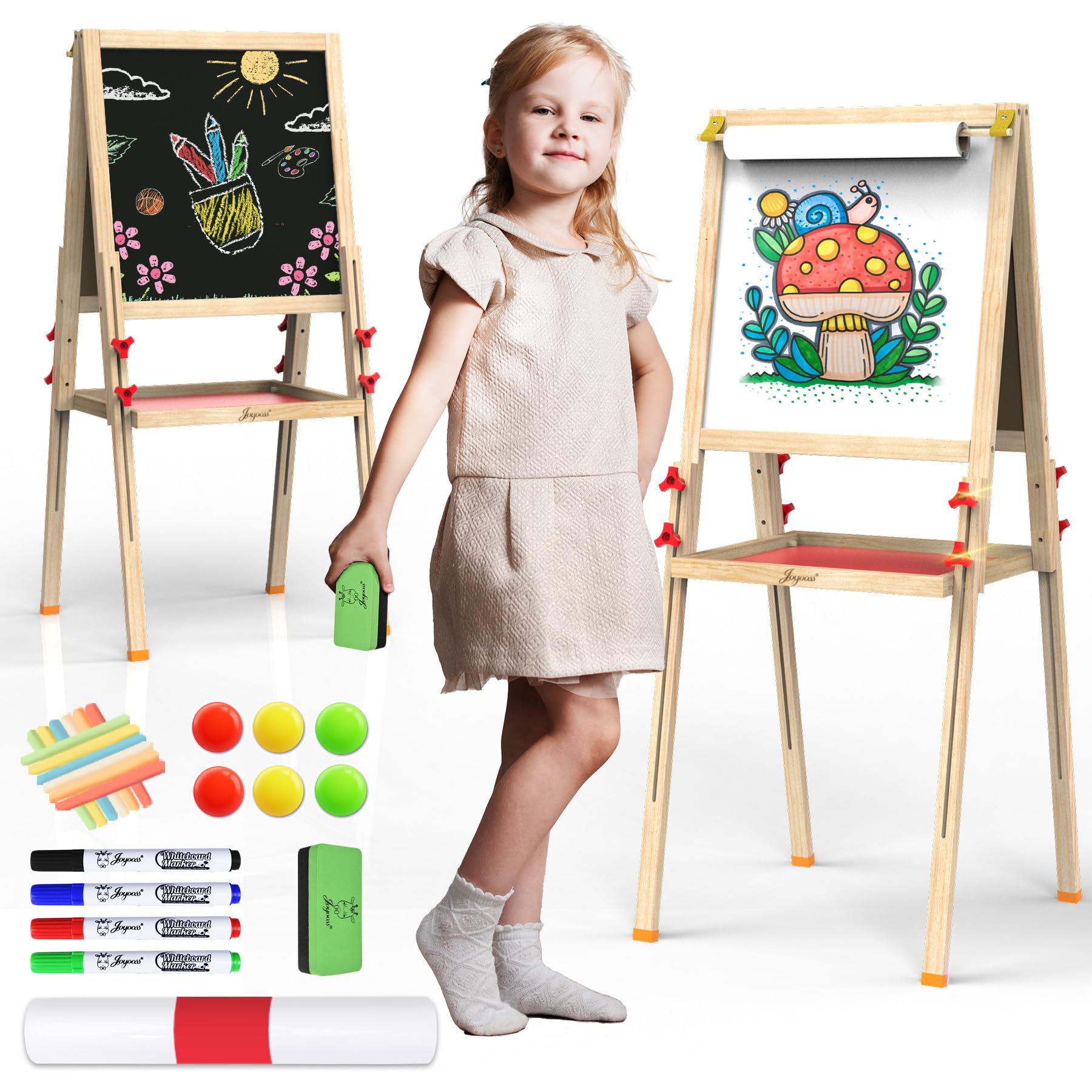 JOYOOSS Art Easel for Kids Ages 4-8 Easels for Toddlers,Toddler Art Kids Easel Adjustable Wooden Magnetic Whiteboard Chalkboard for Kid Dry Erase Board Easel for Toddlers 3-4 Years Dual-Sided Drawing