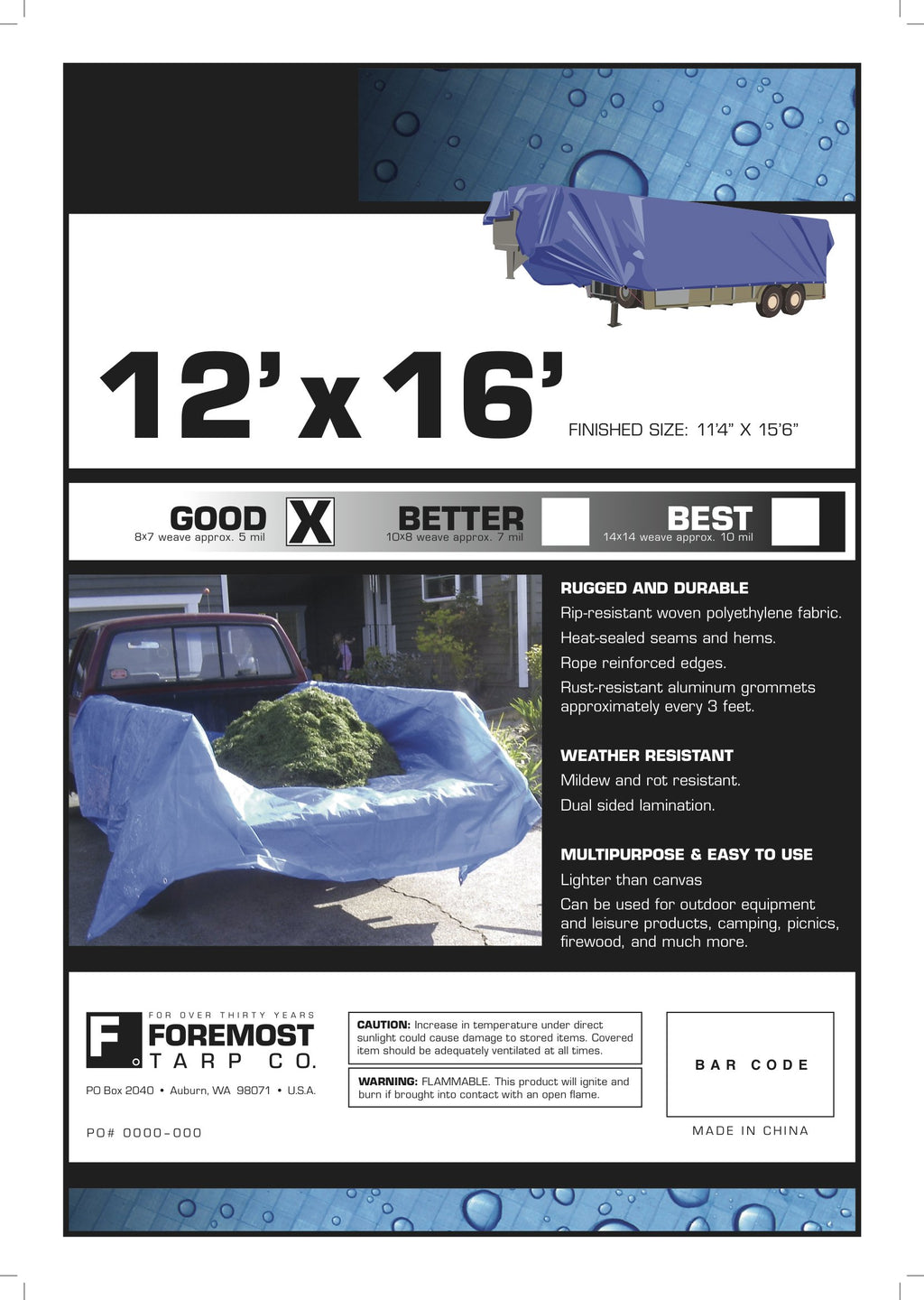 12' x 16' Foremost Tarp 81216 Blue Cut Size 5-Mil Tarp