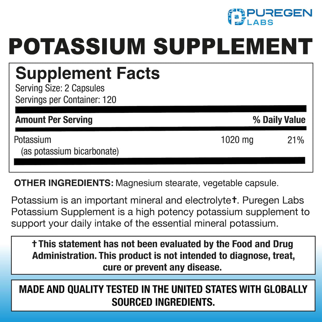 Puregen Labs Potassium Bicarbonate Supplement 1020 mg | Non-GMO | Gluten Free | 240 Vegetarian Capsules