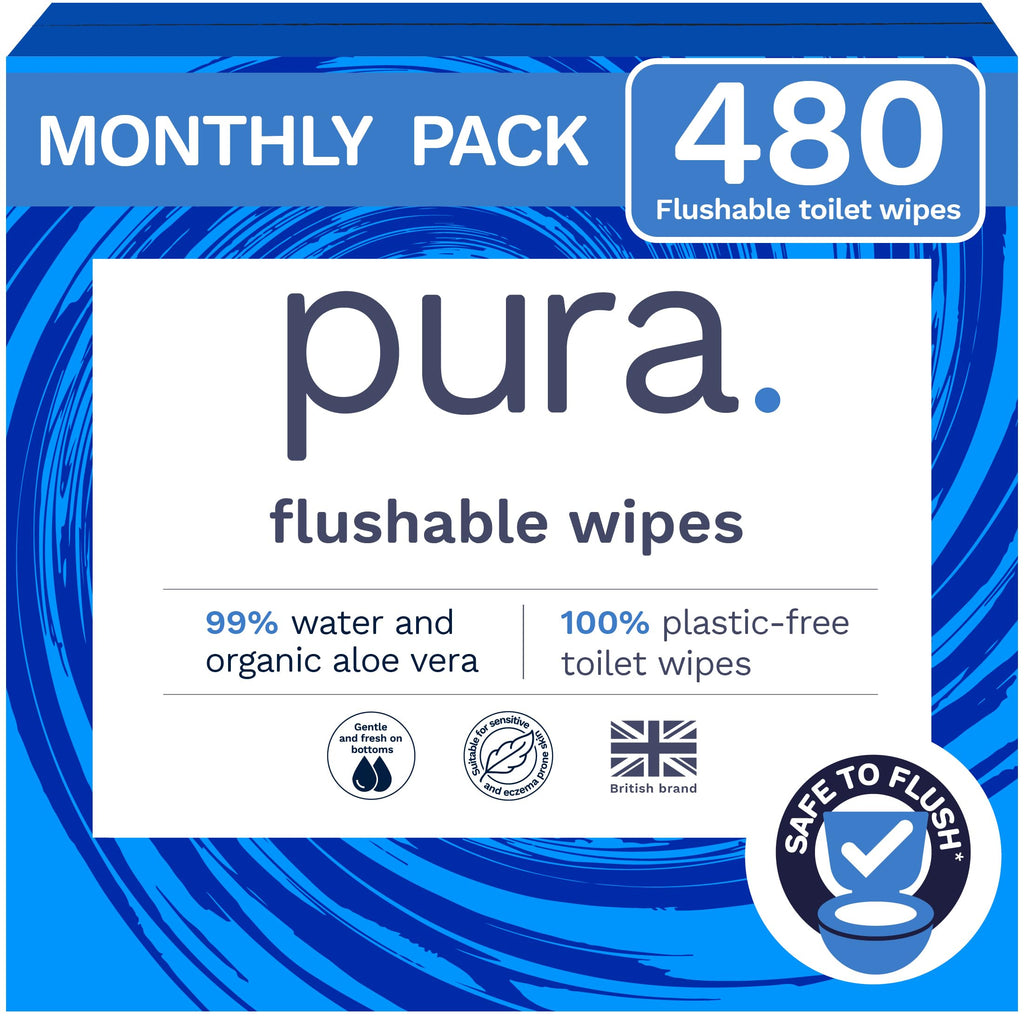 Pura XL Flushable Adult Wipes Unscented, Extra Large Family Wet Wipes with Aloe Vera & 99% Water, Sensitive Skin, 12 Pack of 40 (480 Wipes), Personal Hygiene Toilet