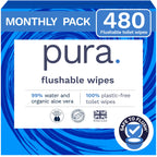 Pura XL Flushable Adult Wipes Unscented, Extra Large Family Wet Wipes with Aloe Vera & 99% Water, Sensitive Skin, 12 Pack of 40 (480 Wipes), Personal Hygiene Toilet