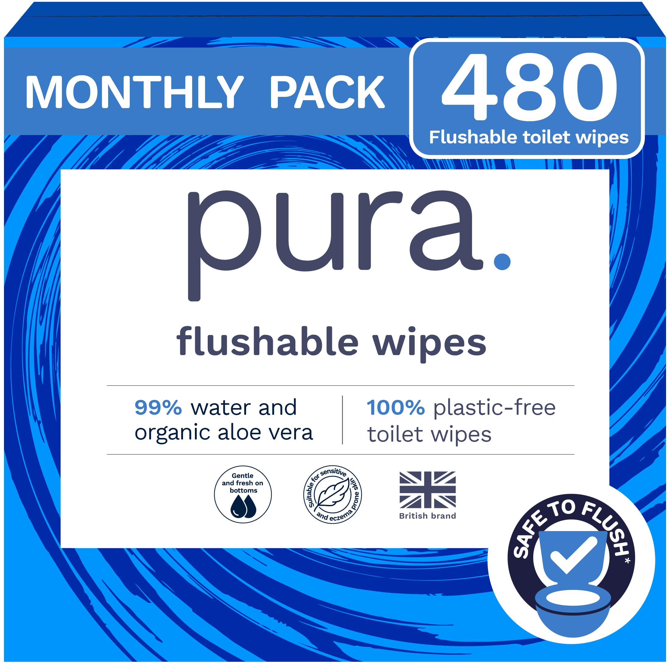 Pura XL Flushable Adult Wipes Unscented, Extra Large Family Wet Wipes with Aloe Vera & 99% Water, Sensitive Skin, 12 Pack of 40 (480 Wipes), Personal Hygiene Toilet