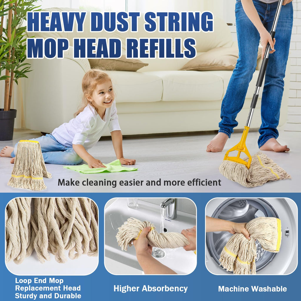 2 Pack 20ozCommercial Mop Heavy Duty Industril Cotton Mop, Cotton Commerical Industrial Grade Mop Replacements Heads for Home,mops for Floor Cleaning Heavy Duty,with 63'' Stainless Steel Mop Handle