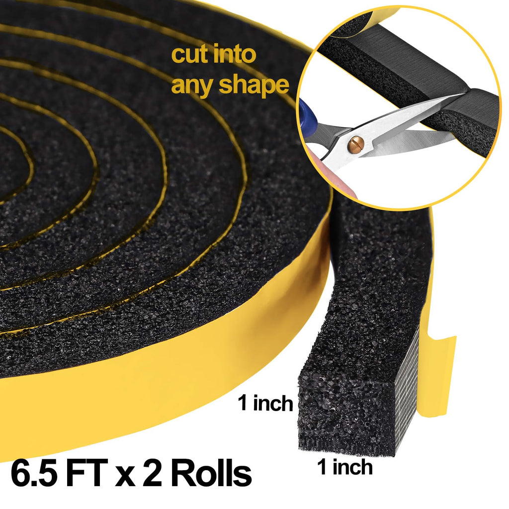 High Density Foam Tape Air Conditioner Window Seal, 1x1 Inch Thick Foam Stripe with Adhesive for Window AC Insulation, Weather Stripping for Doors and Windows Insulation, AC Foam Tape, Black