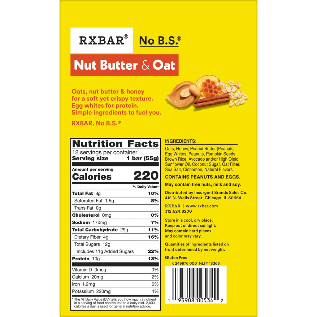 RXBAR Nut Butter and Oat Protein Bars, Protein Snacks, Snack Bars, Honey Cinnamon Peanut Butter, 23.2oz Box (12 Bars)