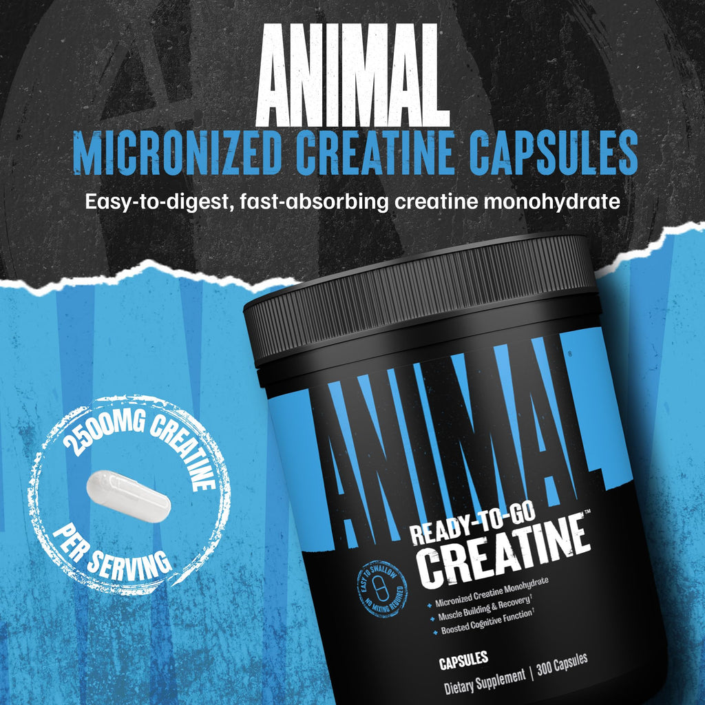Animal Micronized Creatine Monohydrate Capsules - 300 Caps, 2500mg per Serving to Support Muscle Growth, Endurance, ATP Production, Cognitive Function, Strength, Recovery, and Delay Muscle Fatigue
