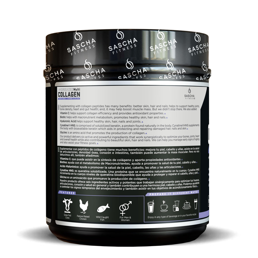 SASCHA FITNESS Hydrolyzed Multi Collagen Peptides Tipes 1,2 & 3 |Hyaluronic Acid|Biotin Cynatine HSN|Vitamin C & E |for Hairs, Skin & Bone Support|Chocolate Flavor