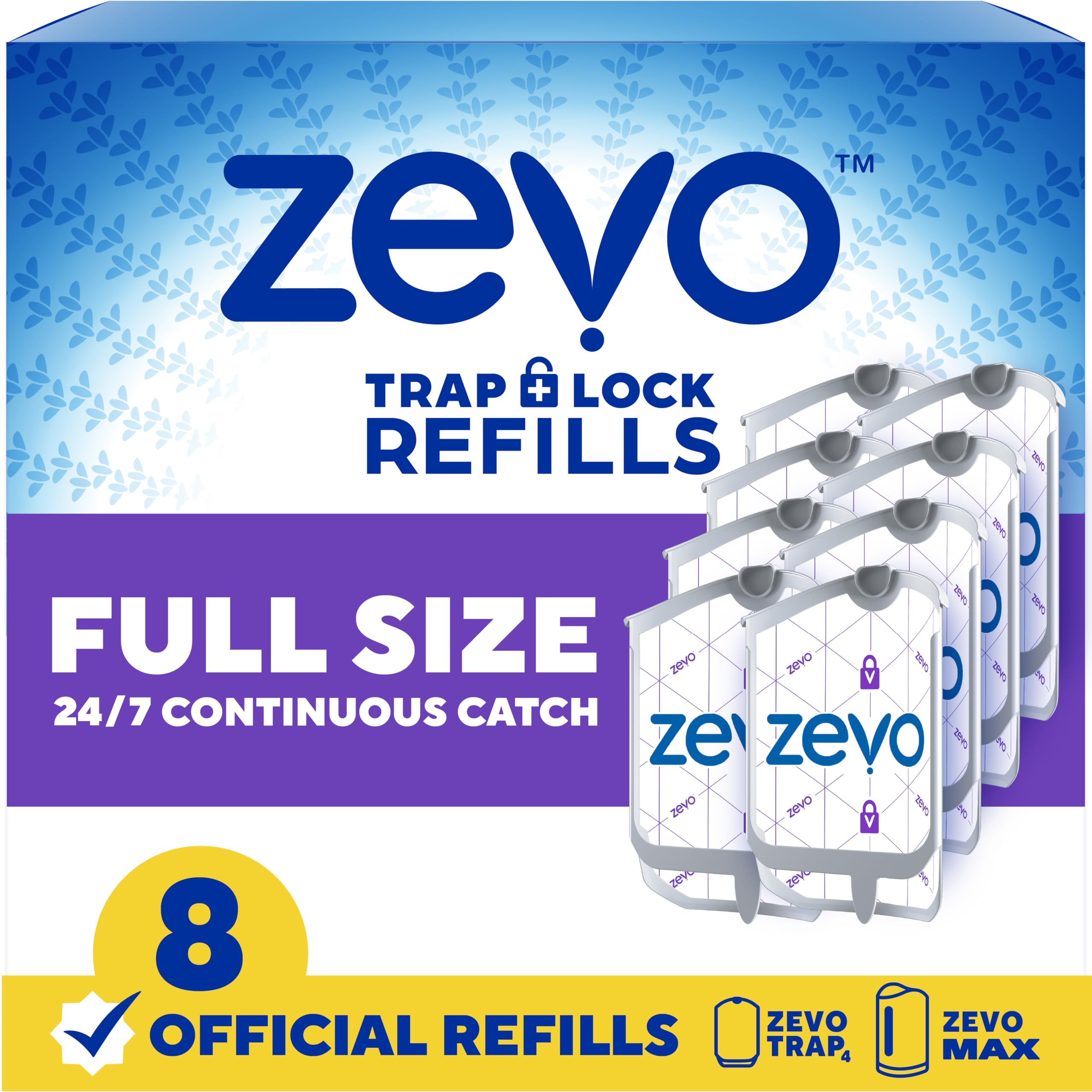 Zevo Flying Insect Trap Official Refill Cartridges - Fits Zevo Trap and MAX Indoor Fly Trap, Trap+Lock Technology Fly Trap Refill for Gnats, House Flies & Fruit Flies (8 Official Refill Cartridges)