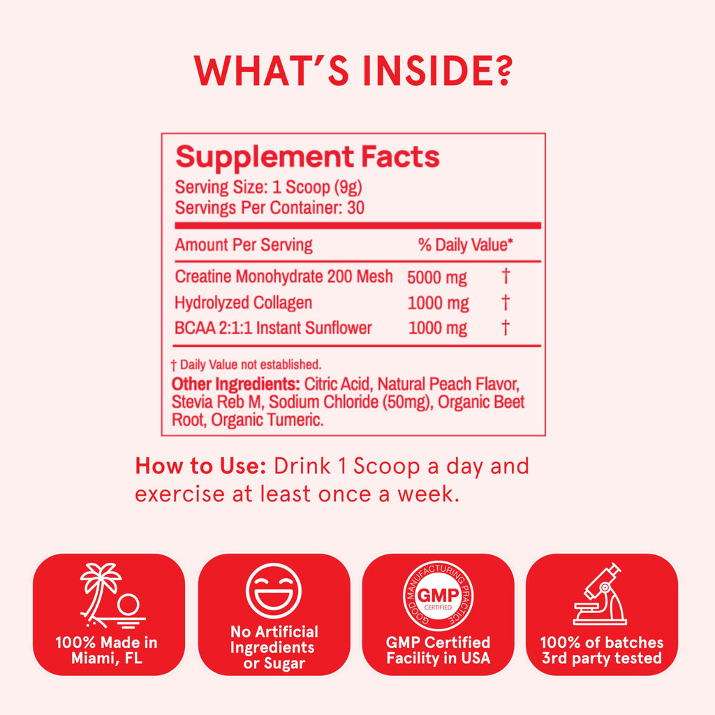 Peach Perfect Creatine Monohydrate Powder, Glute Builder Creatine for Women with Collagen, BCAAs, 5g Vegan Micronized Creatine per Serving, for Energy, Muscle Support, 30 SVG, Peach Flavor