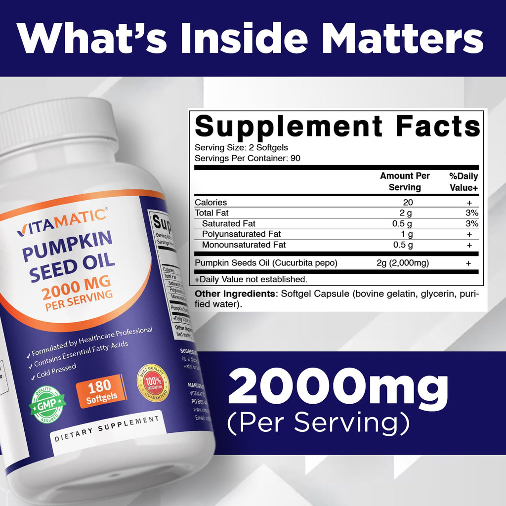 Vitamatic Pumpkin Seed Oil 2000mg – 180 Softgels (Pack of 2-360 Count)