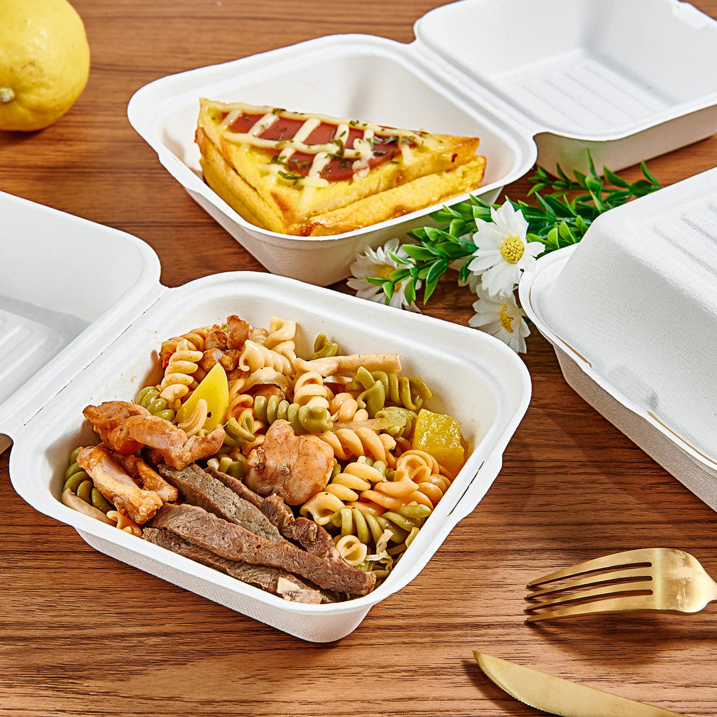 ECOLipak 200 Pack Clamshell Take Out Food Containers, 100% Compostable Disposable To Go Containers，6 * 6 inch To Go Boxes for Salad, Cake,Sandwiches